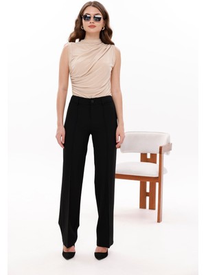 La Pante Kadın Pantolon Palazzo Pantolon Boru Paça Pantolon Likralı Rahat Siyah Palazzo Şık Düğmeli Nervürlü
