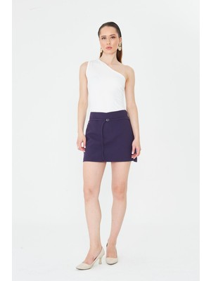 La Pante Şort Etek Kadın Şortlu Etek Mini Metal Tokalı Kemerli Kuşaklı Yandan Fermuarlı Mürdüm Kumaş