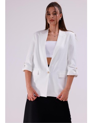 La Pante Kadın Ceket İçi Astarlı Beyaz Blazer Kadın Ceket Uzun Şık Blezir Tesettür Ceket Kumaş Düğmeli Spor