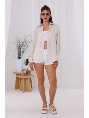 La Pante Kadın Gömlek Salaş Oversize Uzun Kollu Krem Gömlek Önden Düğmeli Gömlek Takım