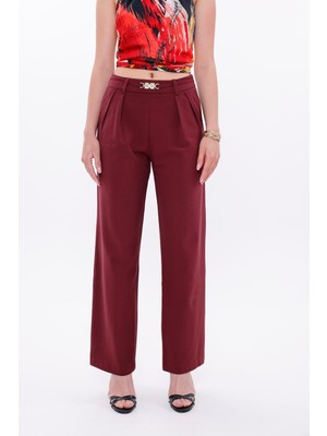 La Pante Kadın Pantolon Geniş Paça Pileli Pantolon Gold Tokalı Palazzo Pantolon Bordo Kadın Pantolon Şık