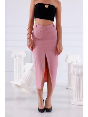 La Pante Kadın Etek Anvelop Etek Midi Etek Tesettür Etek Kemer Çapraz Önden Yırtmaçlı Etek Pembe Abiye Kalem