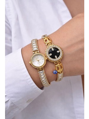 Karma Kadın Kol Saati ve Bilezik Seti Kutulu Altın - Siyah