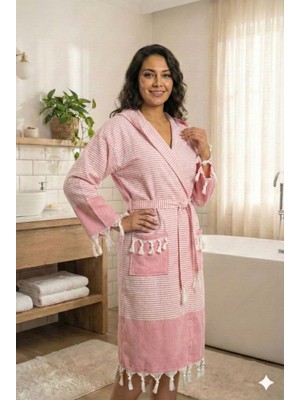 Karani Home Püsküllü Kapüşonlu Banyo Sauna Havuz Plaj Kadın Erkek Unisex Cepli Pamuklu Peştamal Bornoz