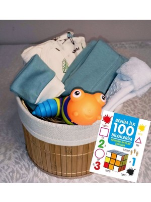 Yenidoğan Hediye - Iki Dilli Erken Öğrenme & Ilk Konfor Lüks Seti  / Benim Ilk 100 Bilgilerim Renkler Sayılar Şekiller (Yuvarlak Hasır Sepet & Tak Çıkar Tırtıl)  Grupsal Ofis