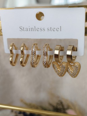 Tuel Gold Kalp Detaylı Çelik Çoklu Küpe