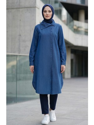 Boydan Düğmeli Uzun Kot Tunik 0312-02 Lacivert