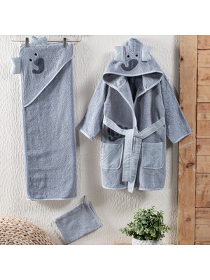 Kidboo Sevimli Figürlü Pamuklu Bornoz Seti Takımı 3lü Bornoz-Kapüşonlu Havlu-Kese Ayıcık Krem