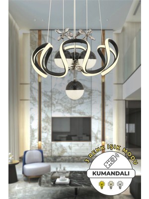 Modern Siyah Sarkıt LED Avize, Kumandalı, 3 Renk Işık Seçeneği