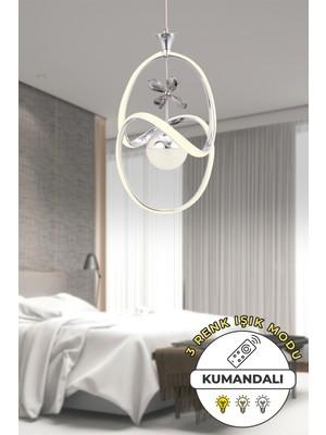 Modern Krom Sarkıt LED Avize, 3 Renk Işık, Kumandalı, Salon Için