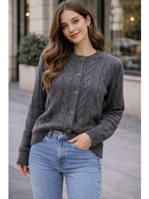 Rtd&vld Kadın Bisiklet Yaka Saç Örgü Düğmeli Triko Hırka Gri