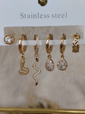 Tuel Gold Yılan Detaylı Zirkon Taşlı Çelik Küpe
