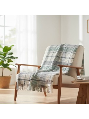 Dinarsu Cozy Life Püsküllü Pamuklu Skoç Tv Battaniyesi Su Yeşili 130 x 170