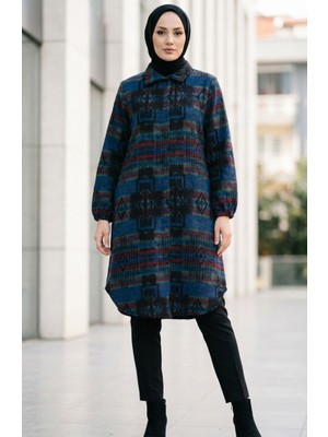 Desenli Düğmeli Oduncu Kışlık Tunik 2503-04 Saks Bordo
