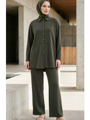 Gömlek Yaka Düğmeli Tunik Pantolon Ikili Takım 2210-04 Haki