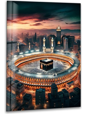Myphotostation Mekkede Kabe Silüeti  Dekoratif Temperli Cam Tablo, Modern Uv Baskılı Duvar Tablosu, Salon ve Ofis Için Şık Duvar Dekoru