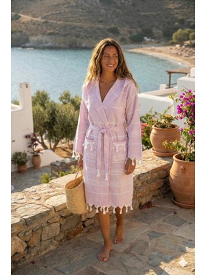 Karani Home Sultan Püsküllü Kapüşonlu Banyo Sauna Havuz Plaj Kadın Erkek Unisex Cepli Pamuklu Peştamal Bornoz