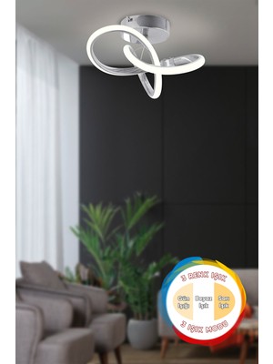 Modern Krom Plafonyer, 3 Renkli Işık Modu, Tavana Sıfır, LED Avize