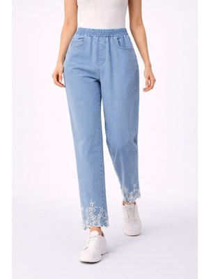 BezeXL Büyük Beden Nakışlı Kot Pantolon Mavi