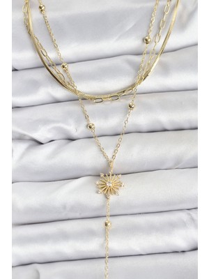 Epilons Pirinç Gold Renk Zirkon Taşlı Model Detaylı 3'lü Kombin Y Kadın Kolye - TJ-BKO10700