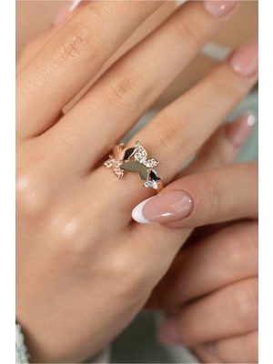 Oroline Jewelry 14 Ayar 3 Renkli Kelebek Desenli Kadın Altın Yüzük