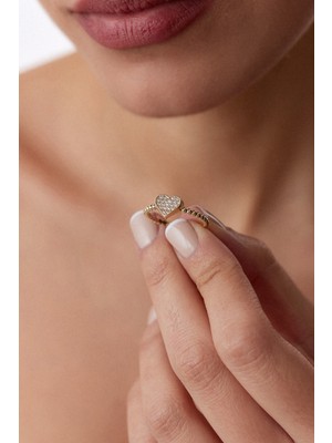 Oroline Kuyumculuk 14 Ayar Altın Taşlı Kalp Desenli Zarif Kadın Yüzük