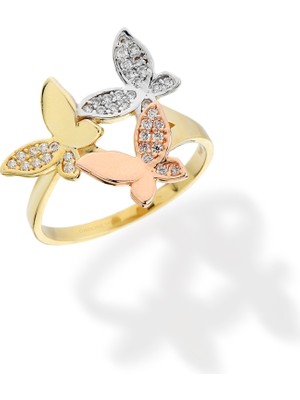 Oroline Jewelry 14 Ayar 3 Renkli Altın Kelebek Yüzük