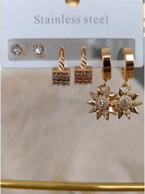 Tuel Gold Detaylı Zarif Çelik Çoklu Küpe