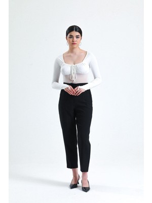 La Pante Havuç Pantolon Kadın Pantolon Önden Pileli Cepli Dokuma Pantolon Bilek Boy Palazzo Siyah Yüksek Bel