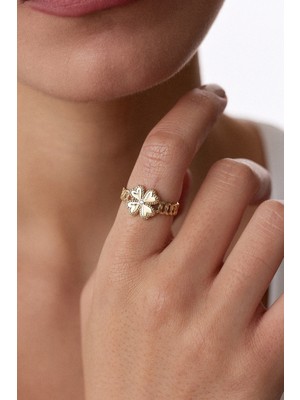 Oroline Kuyumculuk 14 Ayar Altın 4 Yapraklı Yonca Desenli Kadın Yüzük