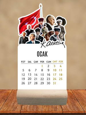 Huggy Craft 2026 Atatürk Temalı Masa Takvimi, Ahşap Ayaklı Mini Özel Tasarım, Yüksek Kaliteli Baskı
