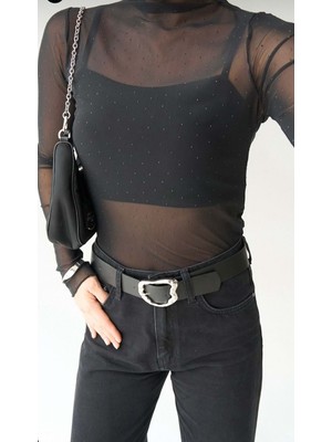 İbeeka Transparan Taş Detaylı Uzun Kollu Bluz - Siyah - L - ST00632-SİYAH-L