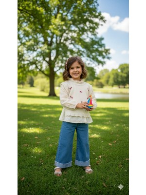 Miviko Kız Çocuk Takımı 3lü  Mevsimlık Bayramlık Alt Üst Set . Üst Triko Içi Ise Keten Kömlekli  Alt Yumuşak Kot