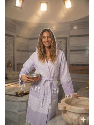 Karani Home Püsküllü Kapüşonlu Banyo Sauna Havuz Plaj Kadın Erkek Unisex Cepli Pamuklu Peştamal Bornoz