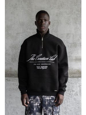 Machinist Erkek Baskılı Nakışlı Yüksek Yaka Sweatshirt Siyah