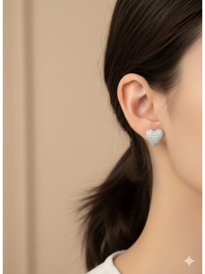 Akfecan Çelik Zirkon Taşlı Kalpli Gümüş Rengi Küpe