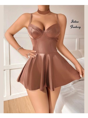 Intive Lingerie Intive Fantasy Bej Deri Görünümlü Boyun Aksesuarlı V Yaka Tasarım Mini Gecelik