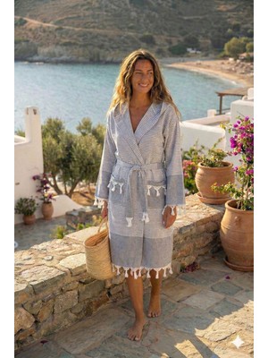 Karani Home Püsküllü Kapüşonlu Banyo Sauna Havuz Plaj Kadın Erkek Unisex Cepli Pamuklu Peştamal Bornoz