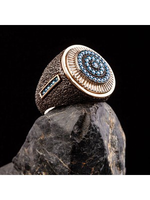 Design Ottoman Kuyumculuk Dokulu Blue Topaz Taşlı Gümüş Erkek Yüzük