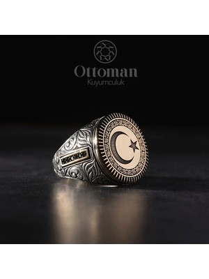 Design Ottoman Kuyumculuk Ay Yıldız Yuvarlak Gravürlü Gümüş Erkek Yüzük