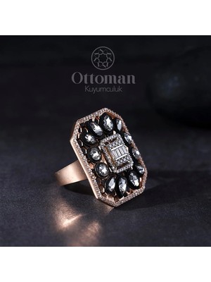 Design Ottoman Kuyumculuk Kare Baget Taşlı Gümüş Kadın Yüzük