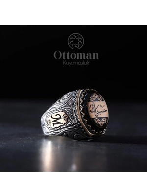 Design Ottoman Kuyumculuk Gravürlü Sekizgen Hasbiyallah Özel Tasarım Gümüş Erkek Yüzük