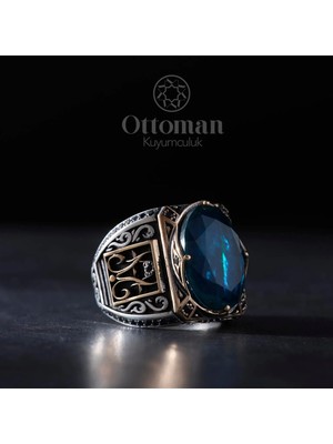 Design Ottoman Kuyumculuk Çift Desenli Özel Tasarım Paraiba Taşlı Gümüş Erkek Yüzük