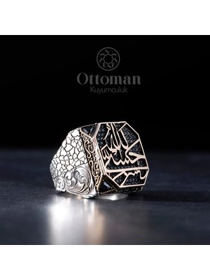 Design Ottoman Kuyumculuk Hasbiyallah Yazılı Mikro Taşlı Gümüş Erkek Yüzük