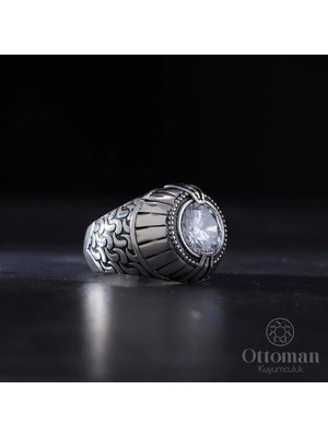 Design Ottoman Kuyumculuk Özel Tasarım Beyaz Zirkon Taşlı Gümüş Erkek Yüzük