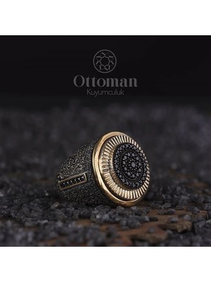 Design Ottoman Kuyumculuk Dokulu Yuvarlak Siyah Taşlı Gümüş Erkek Yüzük