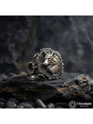 Design Ottoman Kuyumculuk Kurt Figürlü Gümüş Erkek Yüzük