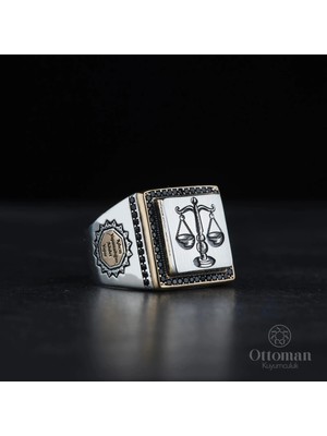 Design Ottoman Kuyumculuk Adalet Terazisi Motifli Gümüş Erkek Yüzük