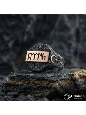 Design Ottoman Kuyumculuk Göktürkçe Türk Yazılı Gümüş Erkek Yüzük