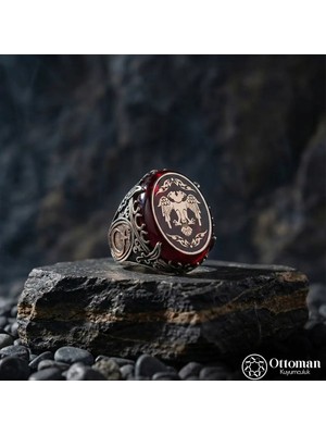 Design Ottoman Kuyumculuk Çift Başlı Kartal Gümüş Erkek Yüzük